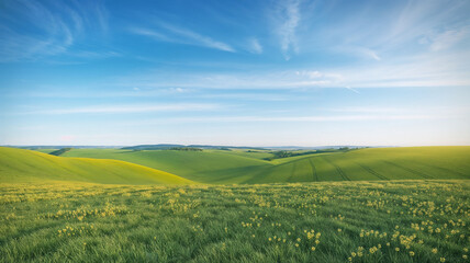 Fototapeta premium Rolling green hills with wildflowers under a clear blue sky