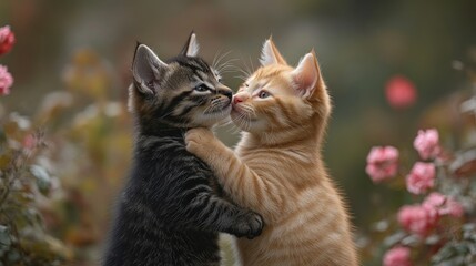 Fototapeta premium Two playful kittens, one black and one orange, affectionately nuzzling in a floral setting.