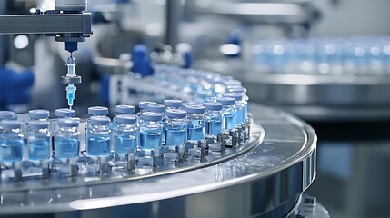 Advanced Pharmaceutical Manufacturing Process Featuring Rows of Glass Vials Filled with Blue Liquid on a Precision Automated Production Line in a Cleanroom Environment