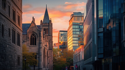 Fototapeta premium Evening Glow Over Historic Landmarks and Modern Architecture, Bathed in the Warm Hues of Sunset