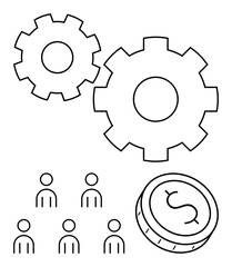 Gears people and a dollar coin represent collaboration industry finance, and development. Ideal for business, teamwork, productivity, finance, efficiency, growth, and cooperation. Line metaphor