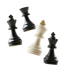 Chess pieces in black and white falling, scattered game board kings, queens, rooks isolated on white background for strategy concepts