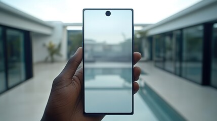 Hand holding modern smartphone near pool.