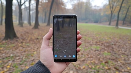 Hand holding smartphone displaying park view.