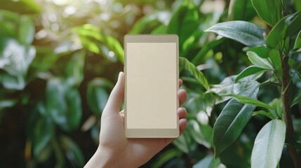 Hand holding smartphone with blank screen against lush green foliage.