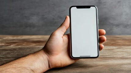 Hand holding smartphone with blank screen on wooden table.