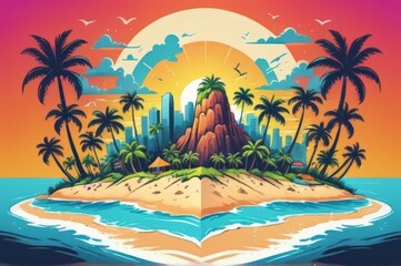 Vibrant Tropical Island at Sunset with Cityscape