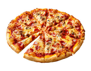 Classic Italian pepperoni pizza with melted cheese, fresh basil, olives, and tomato sauce, delicious comfort food isolated on transparent background