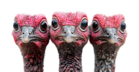 Close-up view of turkeys showcasing unique facial features. Isolated on transparent background, png.