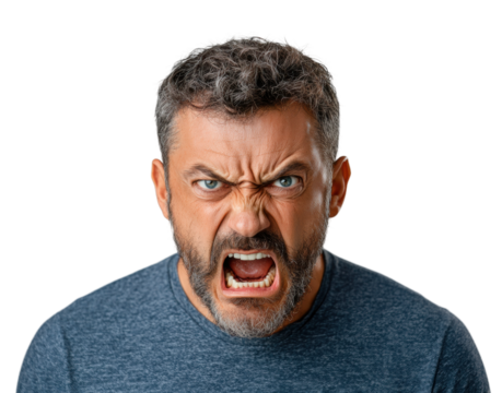 Angry man with furrowed brow and intense expression, young male portrait showing emotion, realistic face with detailed features isolated on transparent background