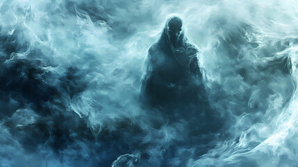 A haunting soul drifting through the fog an ethereal journey between worlds. Liminality. Illustration