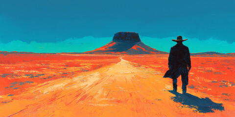  Cowboy in Desert Landscape with Mountain