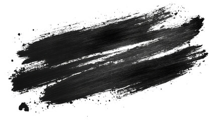 Abstract black brush stroke texture with artistic paint splatter effects, rough grunge background design element isolated on transparent background