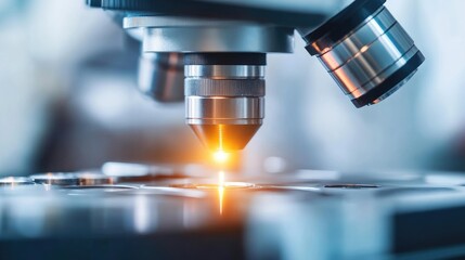 Close-up of a microscope with a focused light beam for scientific analysis.