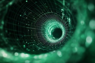 Hypnotic Green Vortex with Wireframe Tunnel and Neon Accents