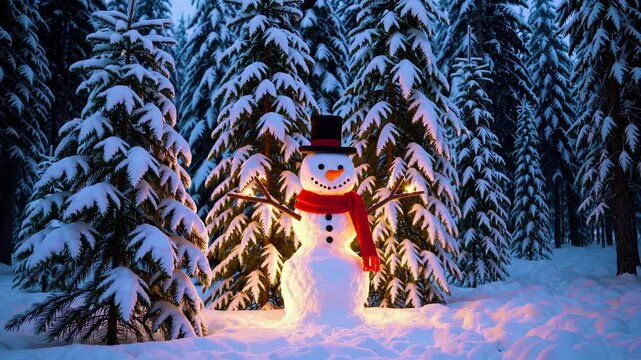 Cheerful snowman with a red scarf and hat standing in a snowy forest illuminated by string lights.