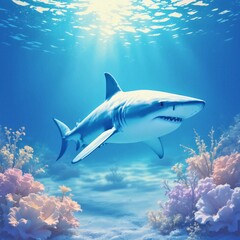 Obraz premium A powerful shark glides effortlessly under the sea, showcasing its sleek form and predatory grace in the vibrant underwater world.