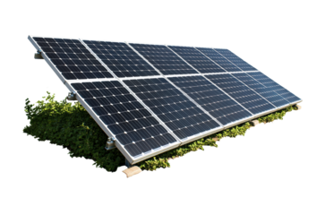 Row of solar panels with reflective surface, sustainable energy, solar technology, modern renewable power source, clean electricity generation, isolated on transparent background, photovoltaic cells