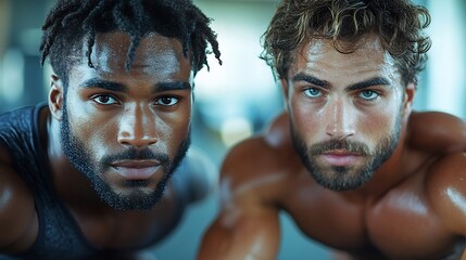 Personal trainer guiding male client through pushups both on a pure white background for a clean minimalist look