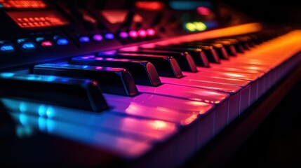 A close-up view of a colorful keyboard with illuminated keys, showcasing musical creativity.