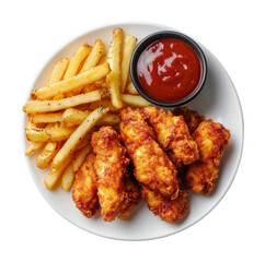 Crispy fried chicken tenders served with golden French fries and a bowl of ketchup, delicious fast food meal on white plate isolated on transparent background