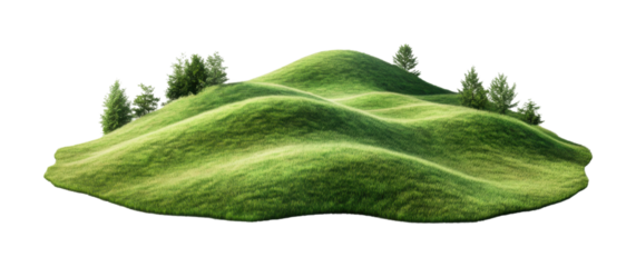 Gentle hills covered in lush green grass with clusters of trees creating a serene rural landscape. Isolated on transparent background, png.