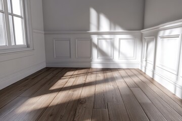 Sunlit empty room with hardwood floor and wainscoting. (1)