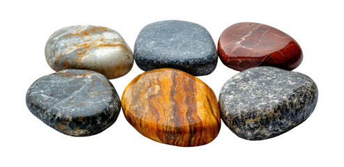 Set of multicolored tumbled stones in diverse shapes and patterns, vibrant polished natural mineral decor and geology art isolated on transparent background
