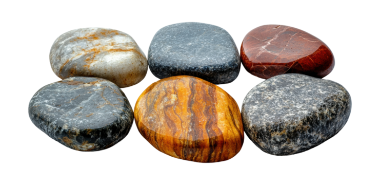 Set of multicolored tumbled stones in diverse shapes and patterns, vibrant polished natural mineral decor and geology art isolated on transparent background