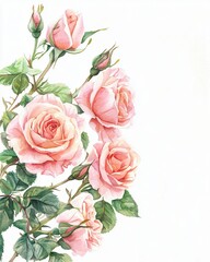 Beautiful Pink Roses with Green Leaves on a Soft White Background