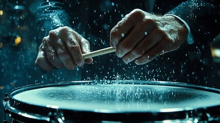 Close-up of hands playing snare drum with water splashing.