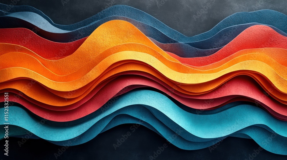 Poster colorful layered waves of textured material create a dynamic visual composition.