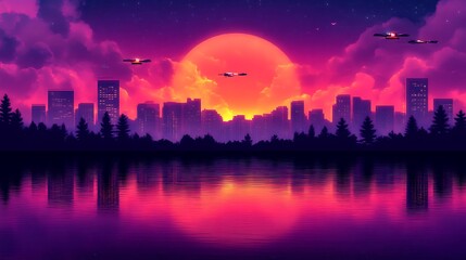 Fototapeta premium Cyberpunk Cityscape Sunset Drones Flying Over Lake