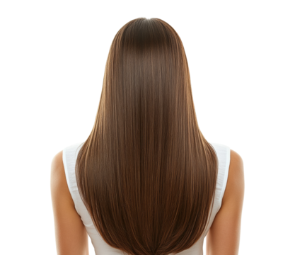 Back view of silky smooth long brown hair, glossy healthy strands, natural hairstyle for beauty care or salon promotion isolated on transparent background