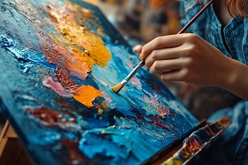 Obraz premium Close-up of artist's hands painting an abstract artwork with a brush.
