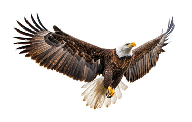 Obraz premium Majestic bald eagle soaring with wings spread wide, detailed bird of prey in flight, symbol of freedom, strength, and wildlife isolated on transparent background