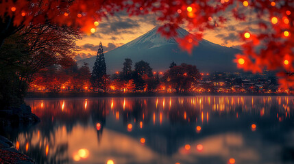 A vibrant autumn scene at Lake Kawaguchiko with colorful red leaves, morning fog, and the majestic Mount Fuji in the background, symbolizing tranquility, change, and natural beauty in Japan

