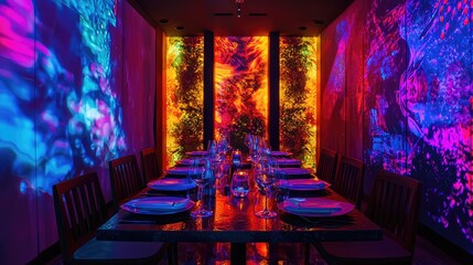 Immersive Dining Experience: A vibrant, colorful restaurant with projected art on the walls, setting a captivating ambiance for a memorable meal.