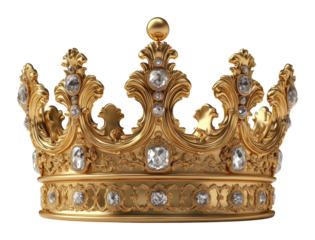 Luxury golden crown adorned with intricate details and sparkling gemstones, royal symbol of wealth, power, and elegance isolated on transparent background