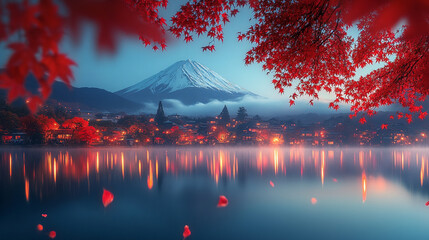 A vibrant autumn scene at Lake Kawaguchiko with colorful red leaves, morning fog, and the majestic...