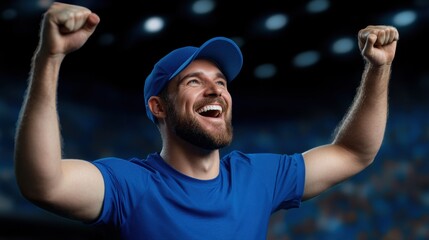 Excited Fan Celebrating Victory in Sports Arena with Raised Arms and Joyful Expression