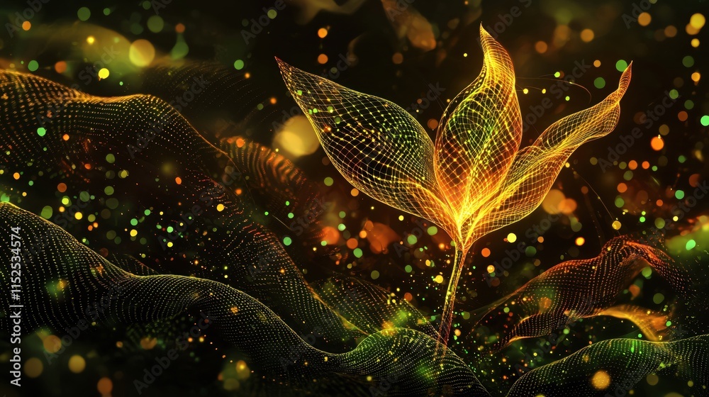 Poster Glowing Abstract Floral Design with Luminous Particles and Wave Patterns in Background