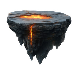 Floating island with glowing lava fissure, cracked rocky terrain featuring vibrant molten core, mystical landscape element for fantasy designs isolated on transparent background