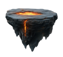 Floating island with glowing lava fissure, cracked rocky terrain featuring vibrant molten core, mystical landscape element for fantasy designs isolated on transparent background