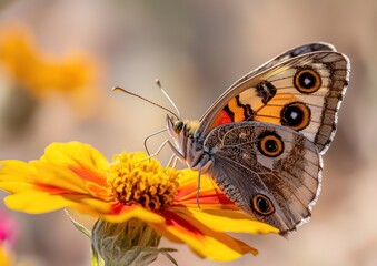 A buckeye butterfly on yellow wildflower petals, with vibrant colors and a blurred background emphasizing the delicate beauty of nature.