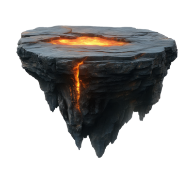 Floating island with glowing lava fissure, cracked rocky terrain featuring vibrant molten core, mystical landscape element for fantasy designs isolated on transparent background