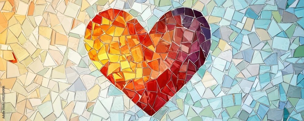 Poster colorful mosaic heart design with vibrant tiles and artistic background elements