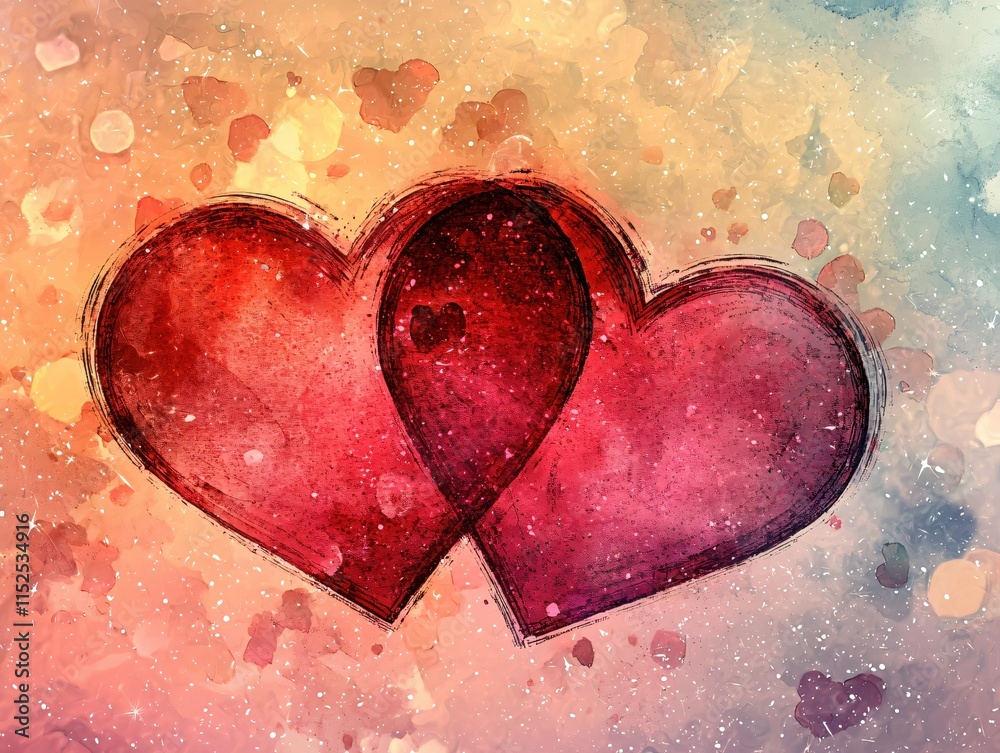 Poster Two Overlapping Hearts in Watercolor Style with Colorful Background and Texture