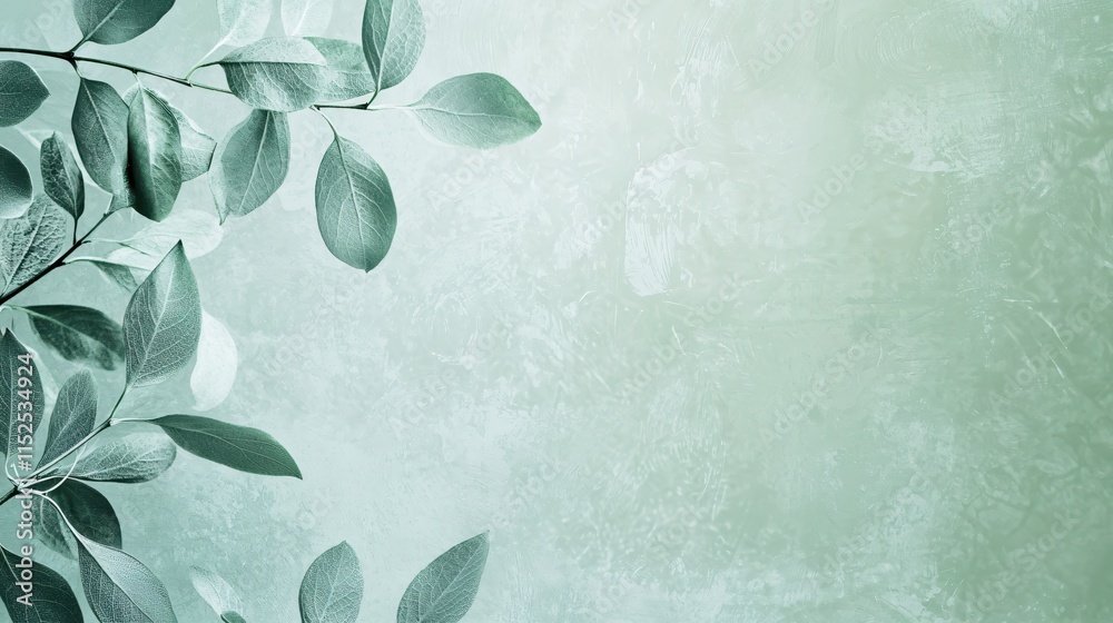 Poster green background with fresh leaves and textured surface for natural design elements