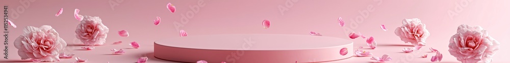 Poster Elegant pink background with floating petals and a circular display pedestal for product showcase